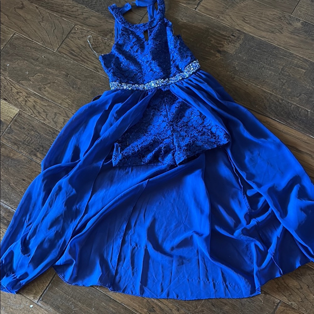 Girls Royal Blue Lace High-Low Party romper